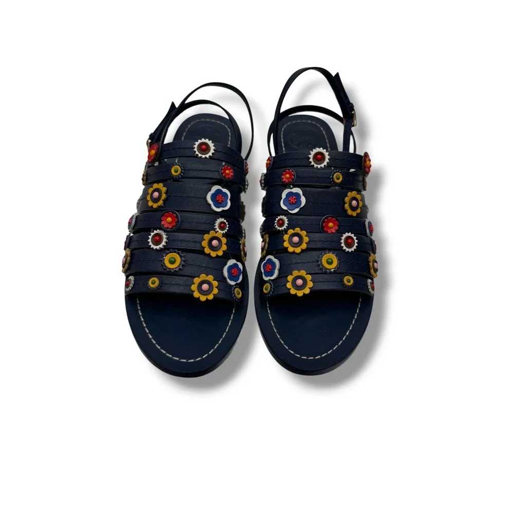 Tory Burch Marguerite Sandals 8 Navy Leather Floral Summer Casual‎ Boho